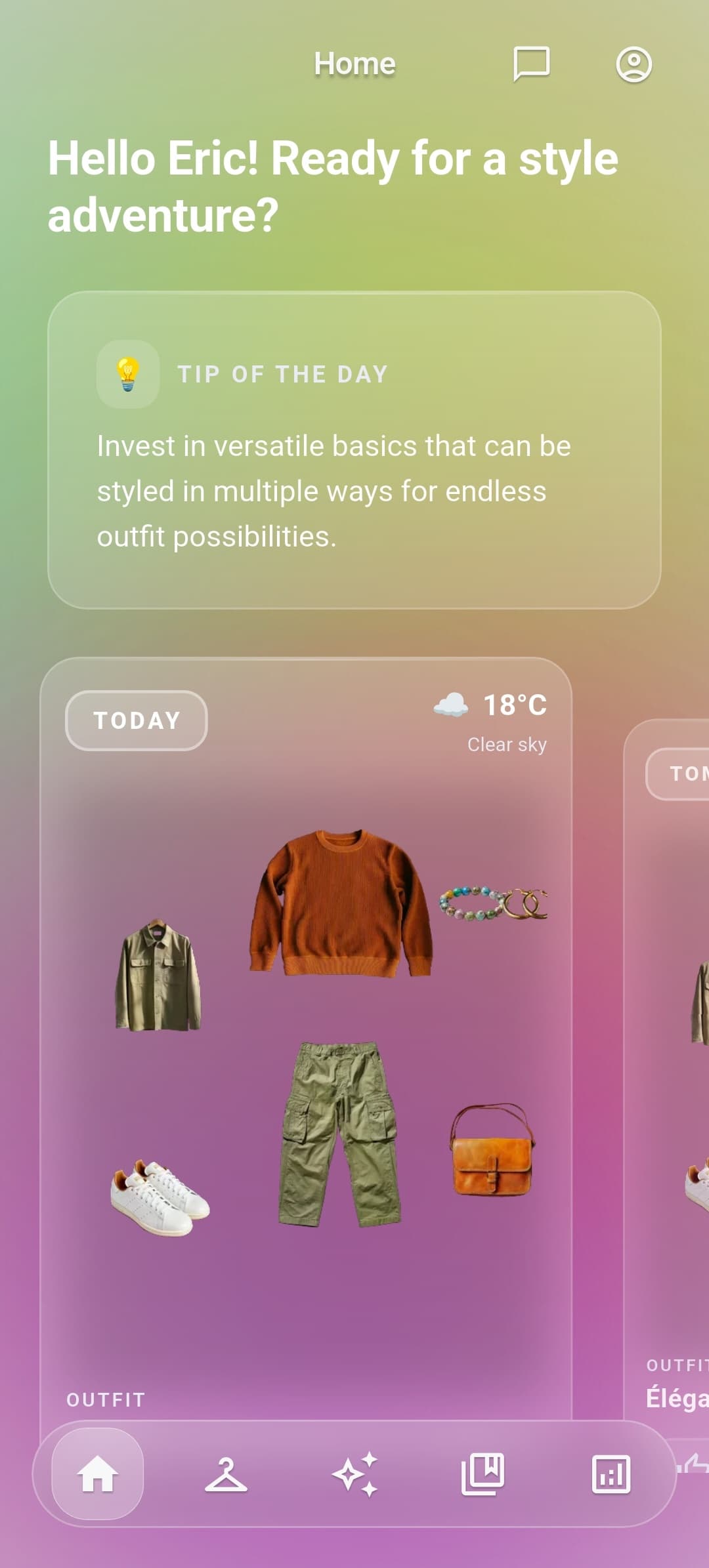Wearli home screen with a daily outfit suggestion built from the user's wardrobe