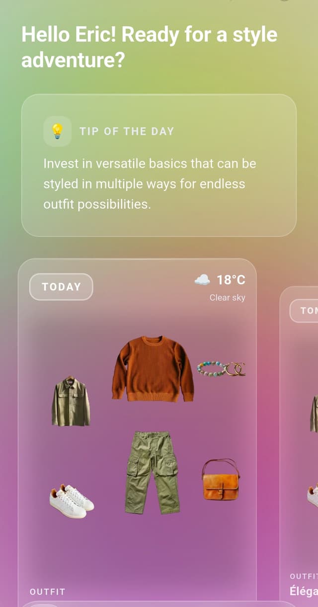 Wearli home screen with daily outfit suggestion